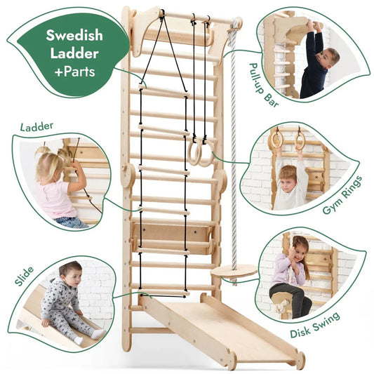 6-in-1 Swedish Ladder for Kids – Converts into Pikler Triangle + Slide + 3-in-1 Swing Set