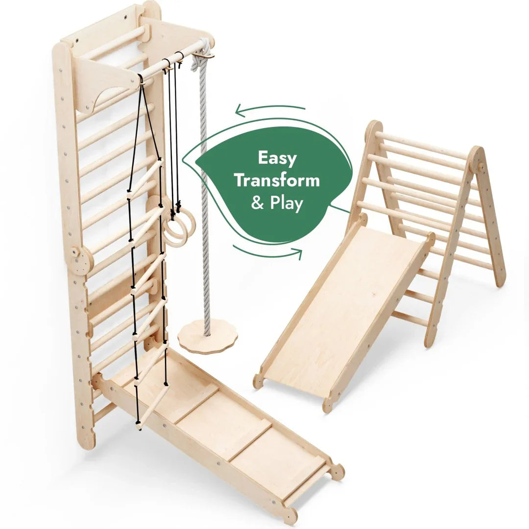 6-in-1 Swedish Ladder for Kids – Converts into Pikler Triangle + Slide + 3-in-1 Swing Set