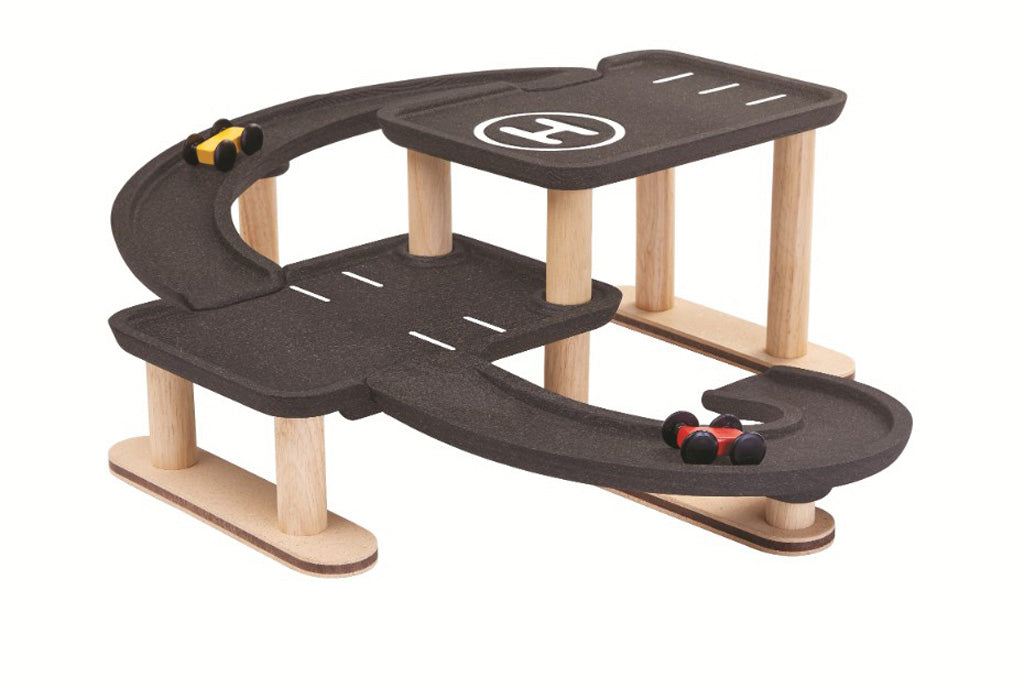PlanToys Race 'N' Play Parking Garage – Multi-Level Wooden Car Park & Helipad!
