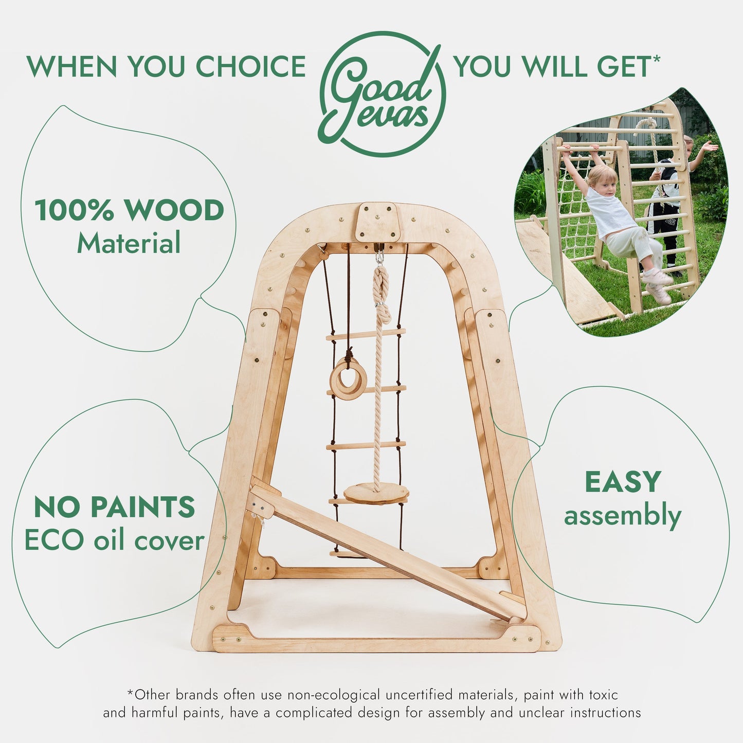 6-in-1 Indoor Wooden Playground for Kids – Playhouse, Swings, Slide, Rock Wall, Rope Ladder & Climbing Net