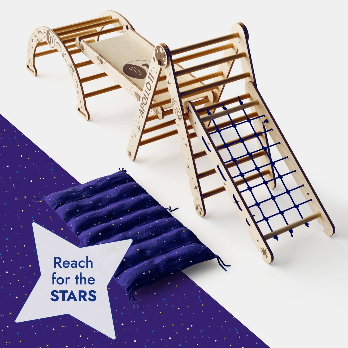 Apollo 5-in-1 Climbing Set: Pikler Triangle, Climbing Net, Arch, Slide & Cushion for Little Astronauts