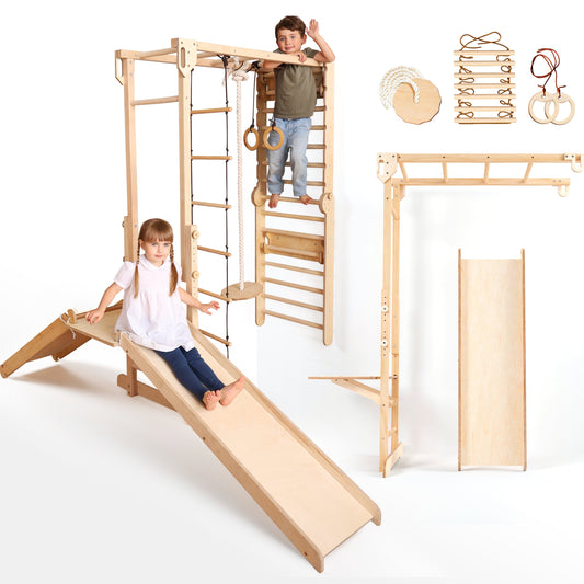 7-in-1 Swedish Wall & Monkey Bars – Swing Set, Slide, Ramp & Climbing Gym