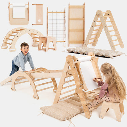 6-in-1 Montessori Climbing Frame: Pikler Triangle + Climbing Arch + Slide/Ramp + Climbing Net + Cushion + Art Station