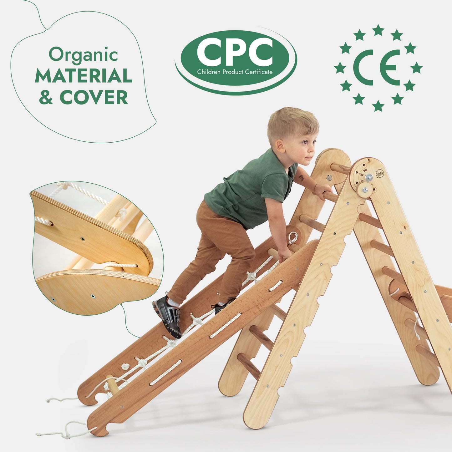 4-in-1 Montessori Climbing Frame: Pikler Triangle + Climbing Arch + Slide Board + Net – Beige