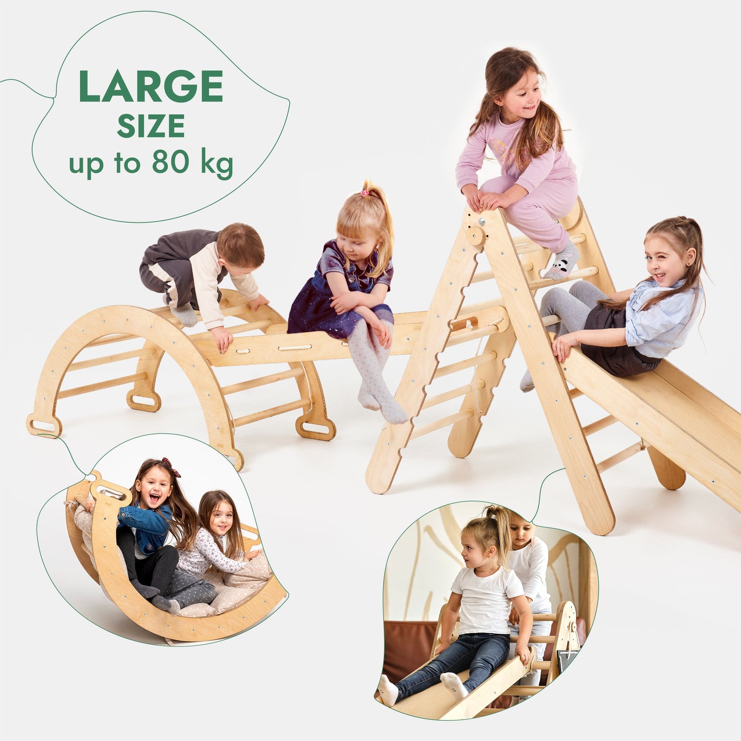 4-in-1 Montessori Climbing Frame: Pikler Triangle + Climbing Arch + Slide Board + Net – Beige