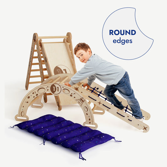 Apollo 5-in-1 Climbing Set: Pikler Triangle, Climbing Net, Arch, Slide &amp; Cushion for Little Astronauts