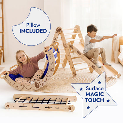 Apollo 5-in-1 Climbing Set: Pikler Triangle, Climbing Net, Arch, Slide &amp; Cushion for Little Astronauts