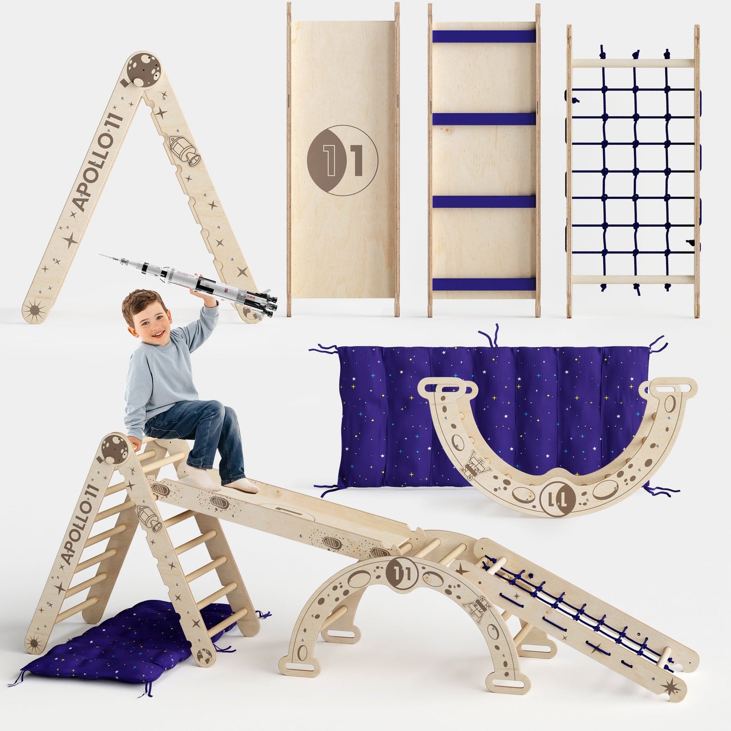 Apollo 5-in-1 Climbing Set: Pikler Triangle, Climbing Net, Arch, Slide &amp; Cushion for Little Astronauts