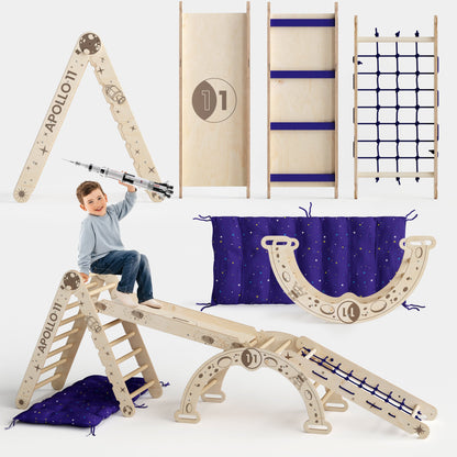 Apollo 5-in-1 Climbing Set: Pikler Triangle, Climbing Net, Arch, Slide &amp; Cushion for Little Astronauts