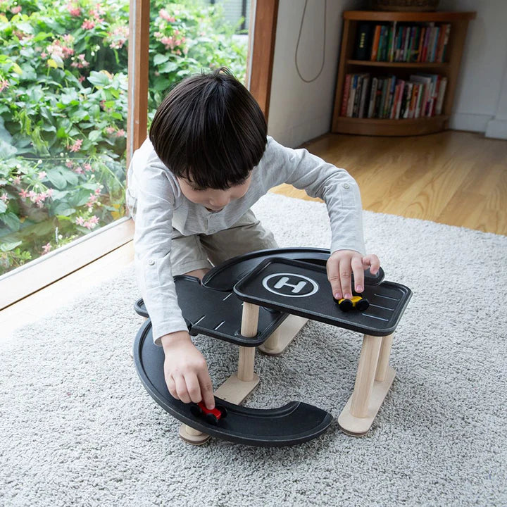 PlanToys Race 'N' Play Parking Garage – Multi-Level Wooden Car Park & Helipad!