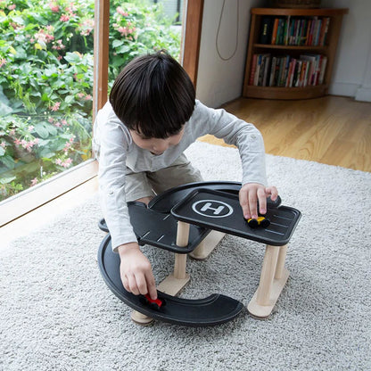 PlanToys Race 'N' Play Parking Garage – Multi-Level Wooden Car Park & Helipad!