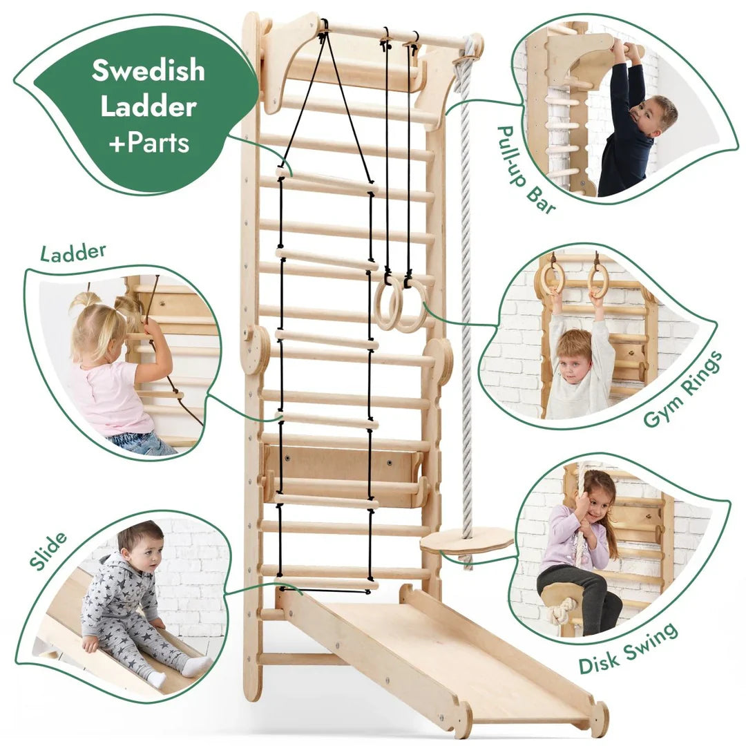 6-in-1 Swedish Ladder for Kids – Converts into Pikler Triangle + Slide + 3-in-1 Swing Set