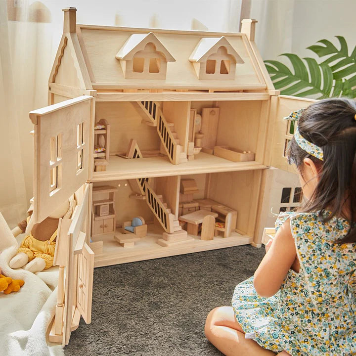 PlanToys Victorian Dollhouse – 3-Story Wooden Dolls House with Attic (Age 3+)