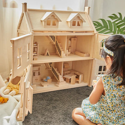 PlanToys Victorian Dollhouse – 3-Story Wooden Dolls House with Attic (Age 3+)