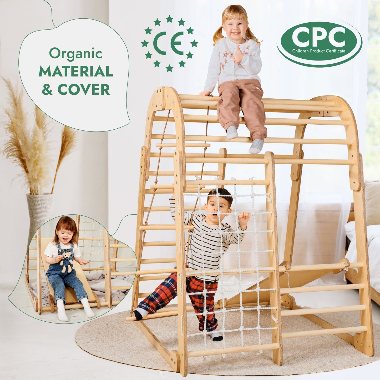 6-in-1 Indoor Wooden Playground for Kids – Playhouse, Swings, Slide, Rock Wall, Rope Ladder & Climbing Net