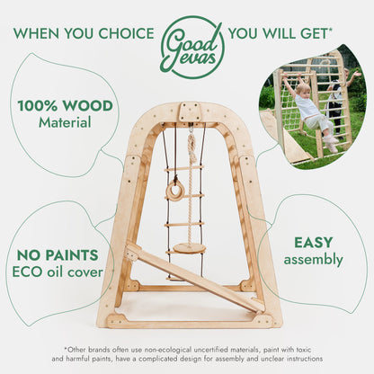 6-in-1 Indoor Wooden Playground for Kids – Playhouse, Swings, Slide, Rock Wall, Rope Ladder & Climbing Net