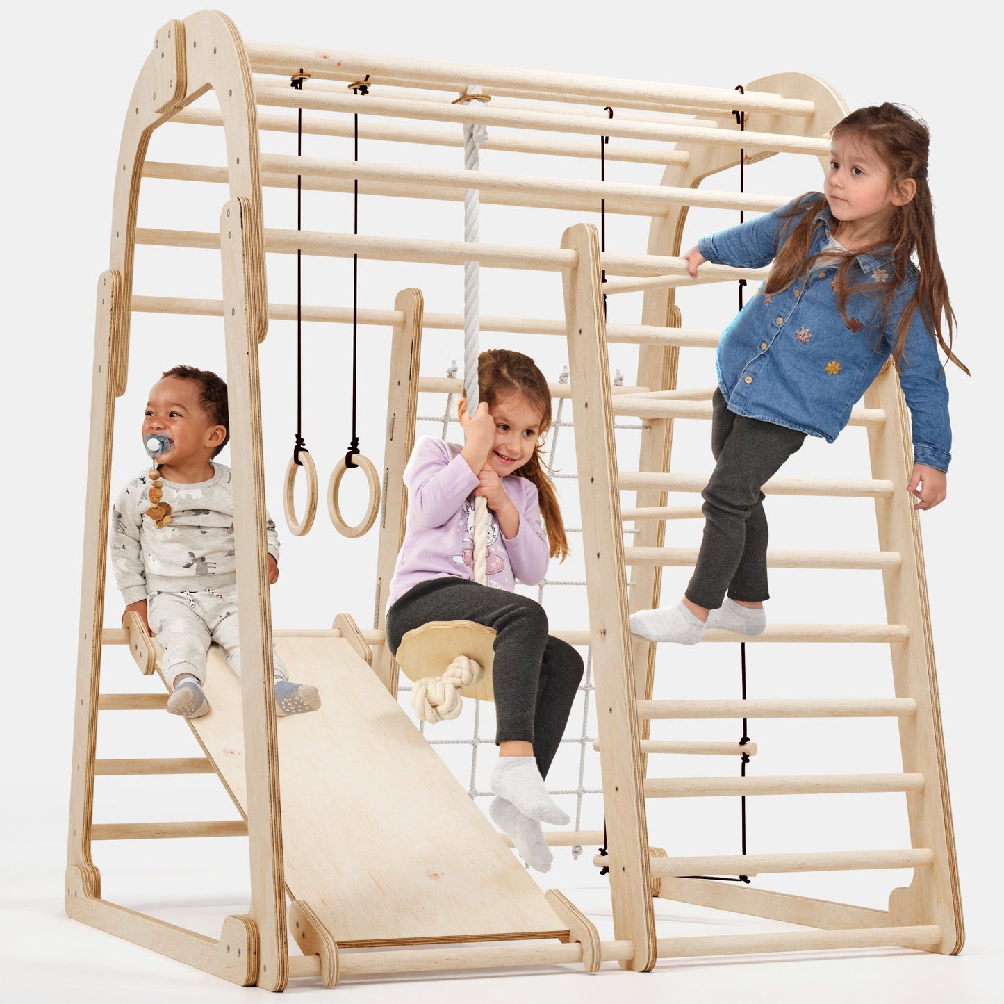 6-in-1 Indoor Wooden Playground for Kids – Playhouse, Swings, Slide, Rock Wall, Rope Ladder & Climbing Net