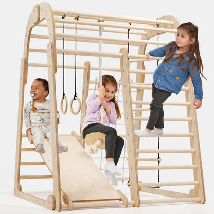 6-in-1 Indoor Wooden Playground for Kids – Playhouse, Swings, Slide, Rock Wall, Rope Ladder & Climbing Net