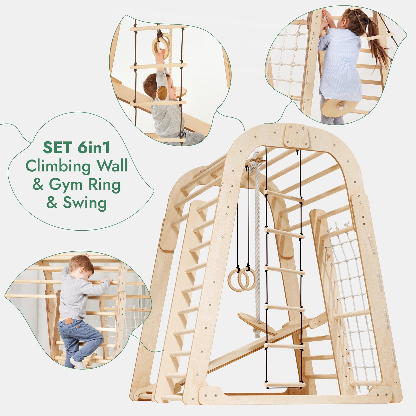 6-in-1 Indoor Wooden Playground for Kids – Playhouse, Swings, Slide, Rock Wall, Rope Ladder & Climbing Net