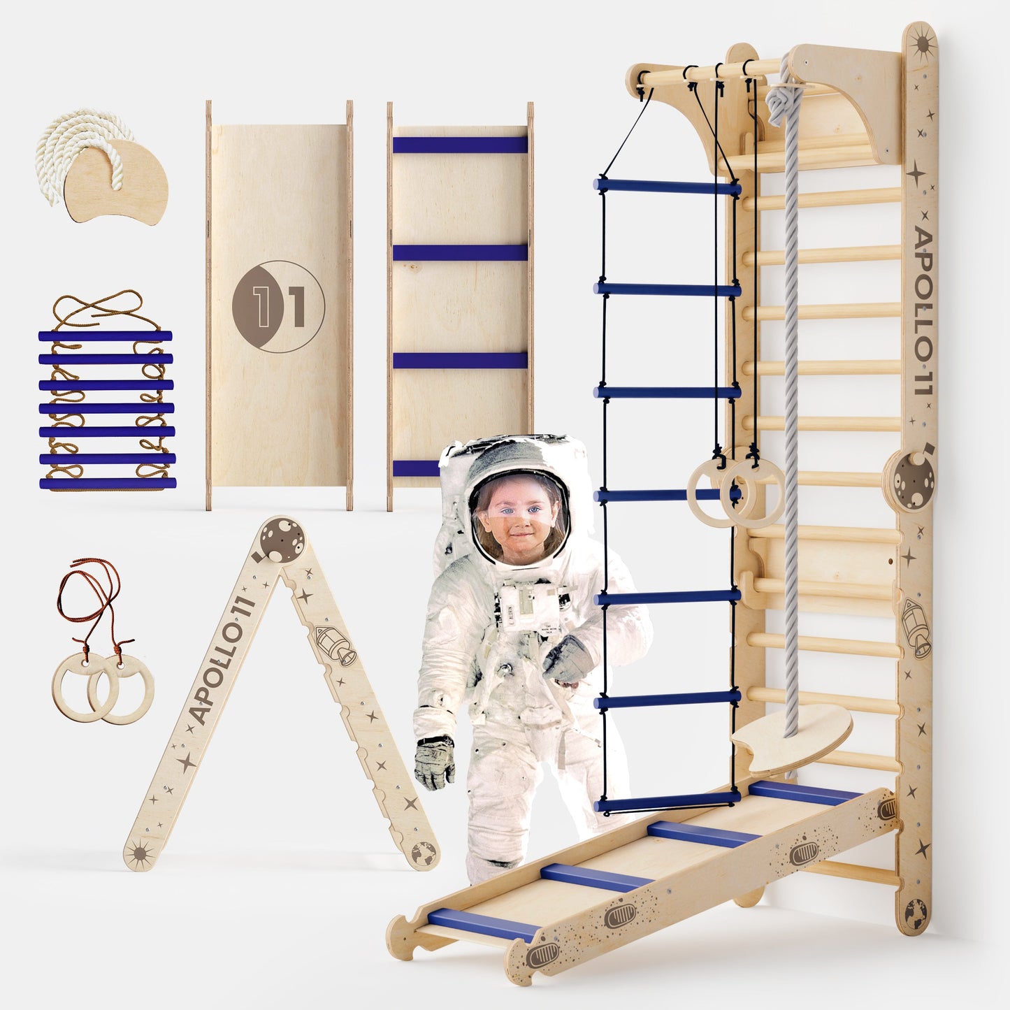 Apollo Swedish Wall & Climbing Gym for Little Astronauts – Moon Swing Set + Slide Board