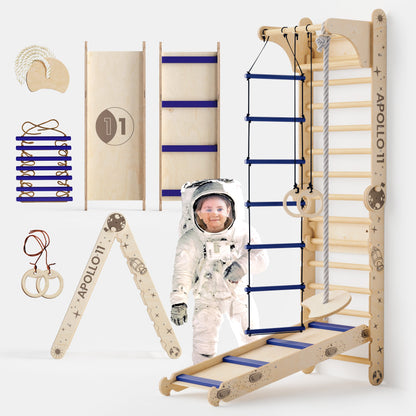 Apollo Swedish Wall & Climbing Gym for Little Astronauts – Moon Swing Set + Slide Board