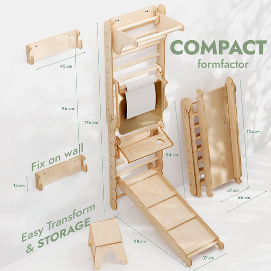 5in1 Swedish Ladder for Kids – Transforms into Pikler Triangle, Slide, Swing & Art Add-on