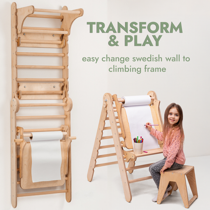 5in1 Swedish Ladder for Kids – Transforms into Pikler Triangle, Slide, Swing & Art Add-on
