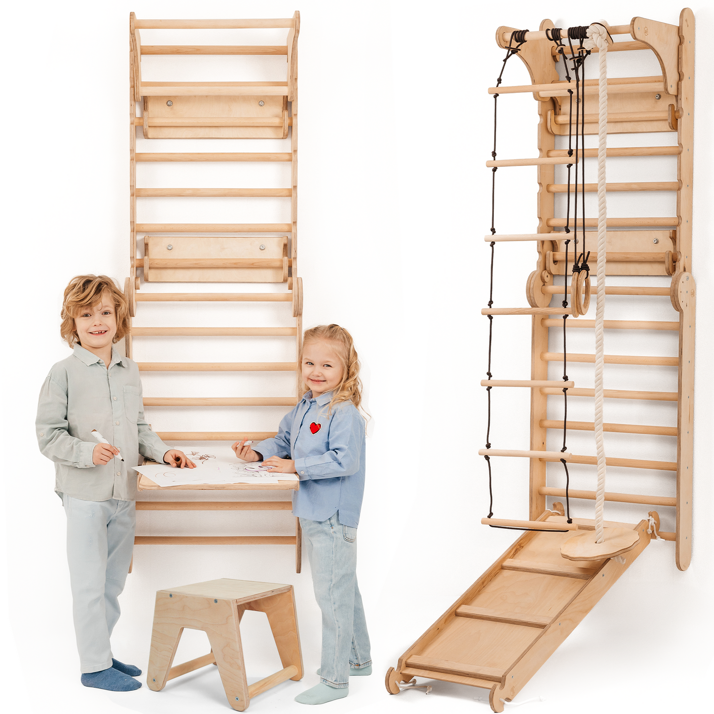 5in1 Swedish Ladder for Kids – Transforms into Pikler Triangle, Slide, Swing & Art Add-on