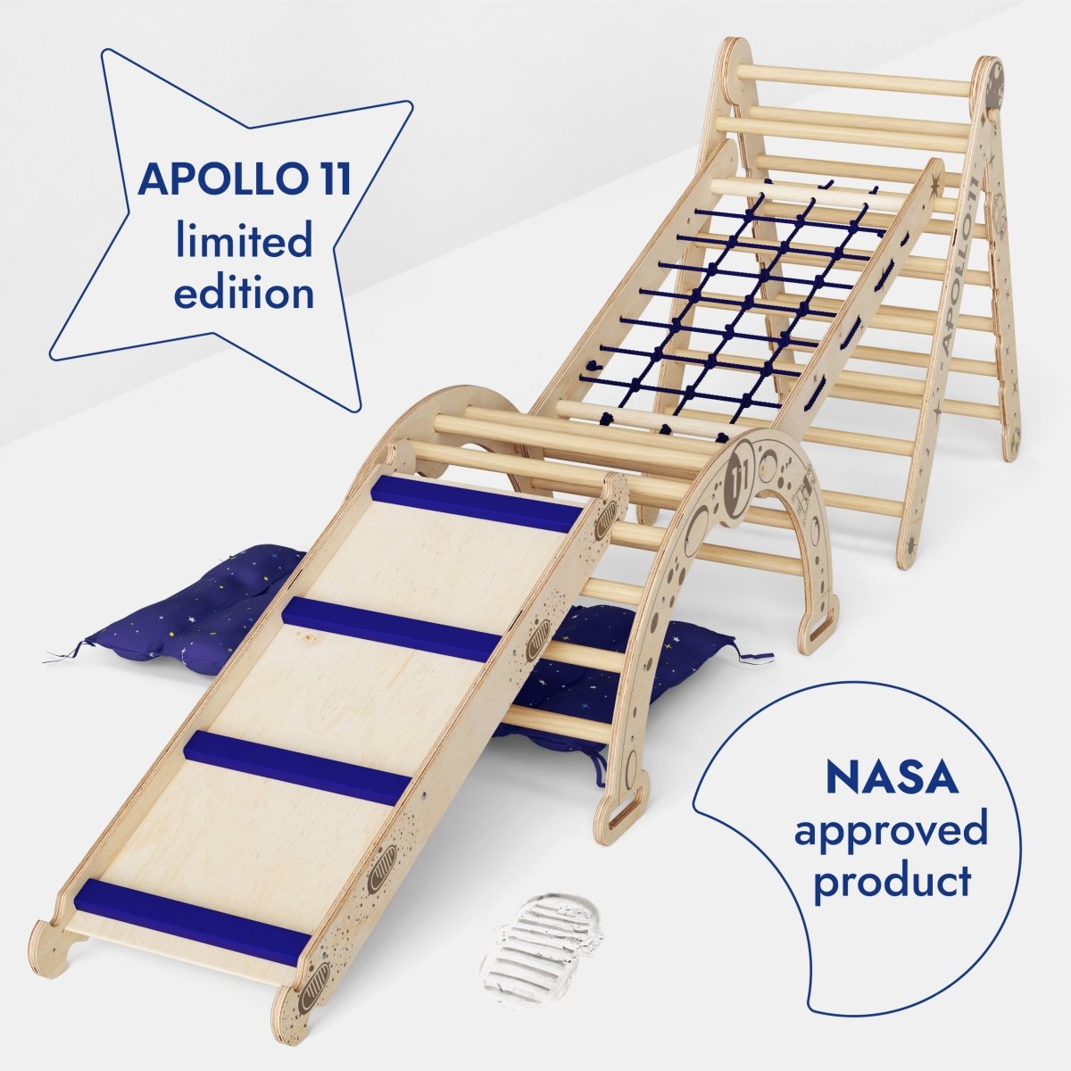 Apollo 5-in-1 Climbing Set: Pikler Triangle, Climbing Net, Arch, Slide &amp; Cushion for Little Astronauts