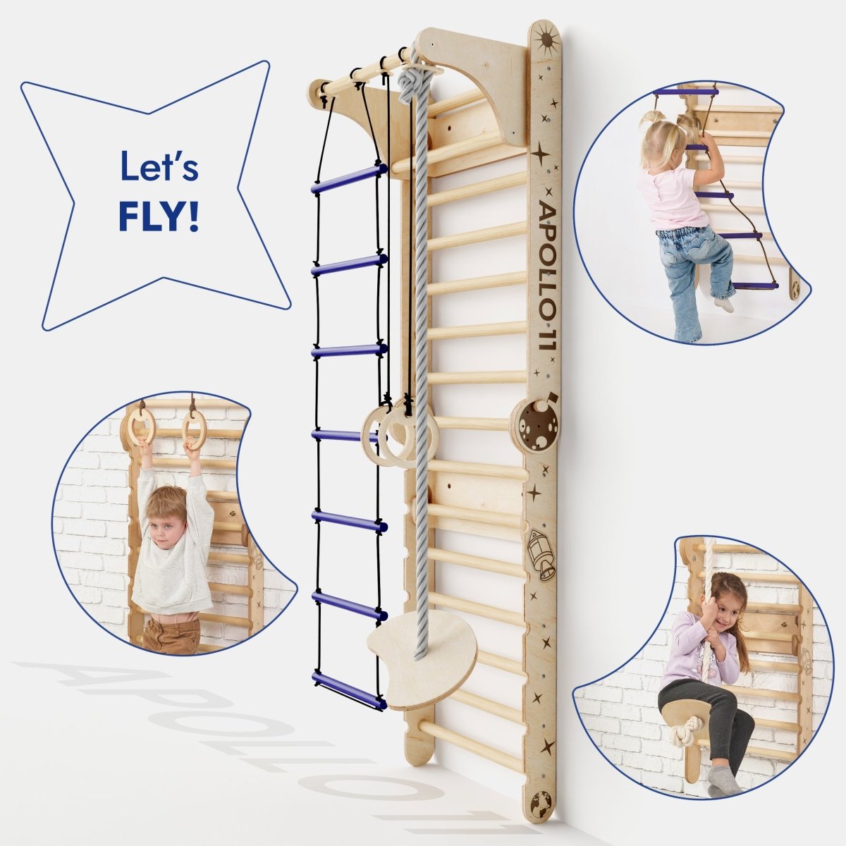 Apollo Swedish Wall & Climbing Gym for Little Astronauts – Moon Swing Set + Slide Board