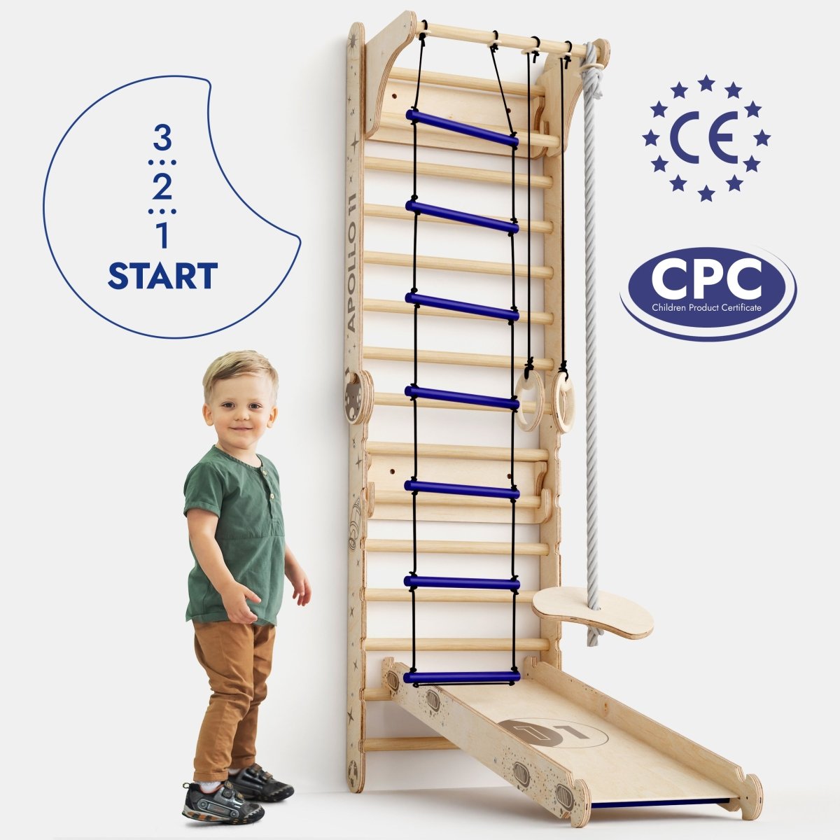Apollo Swedish Wall & Climbing Gym for Little Astronauts – Moon Swing Set + Slide Board