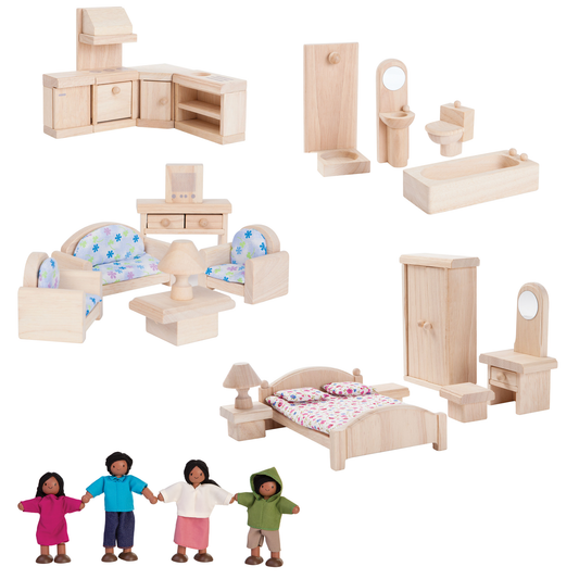 Pecyn Ystafelloedd a Theulu PlanToys 1 – Set Tŷ Doliau Fictoraidd Cyflawn!