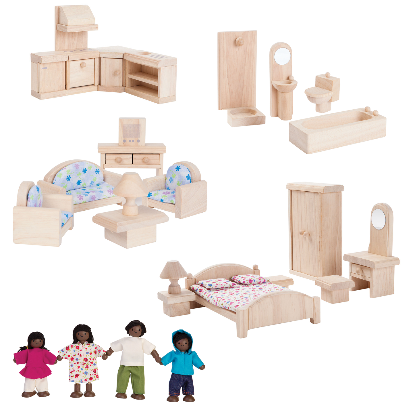 Dodrefn Tŷ Doliau Fictoraidd PlanToys – Set Gyflawn 4 Ystafell + Teulu (Oedran 3+)