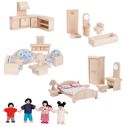 PlanToys Victorian Dollhouse Furniture Set – Complete 4 Rooms + Family (Age 3+)