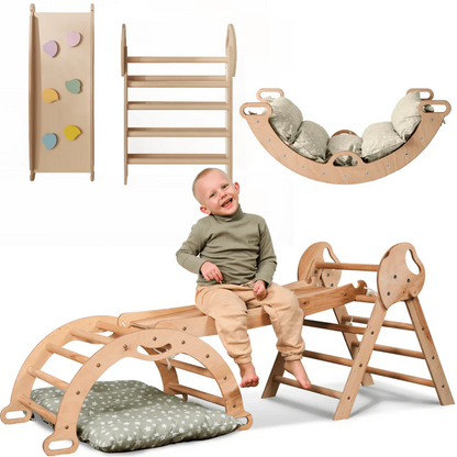 4-in-1 Montessori Climbing Frame: Pikler Triangle, Arch, Slide & Cushion for Toddlers (1–3 Years)