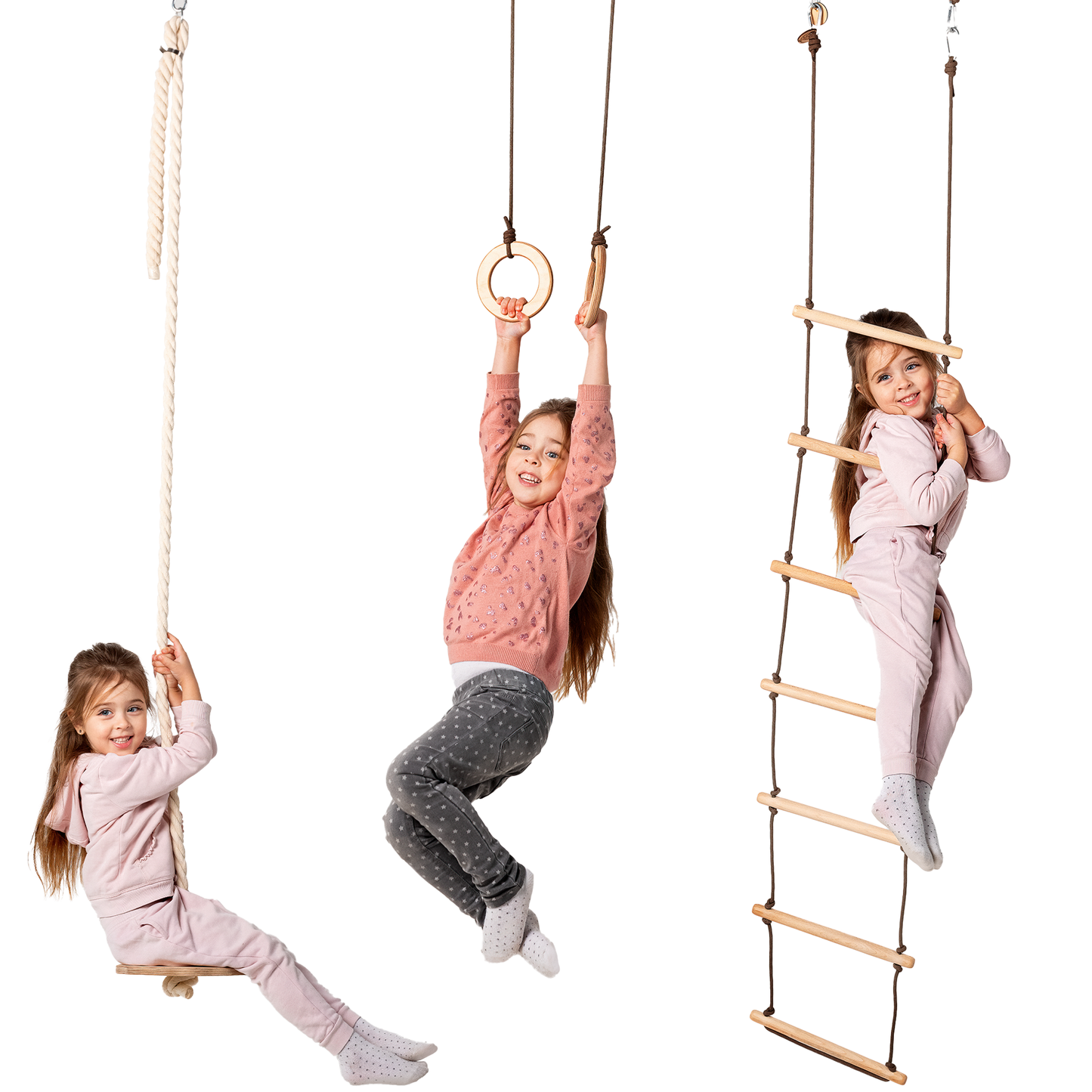 3-in-1 Swing Set: Disc Rope Swing + Gymnastic Rings + Rope Ladder