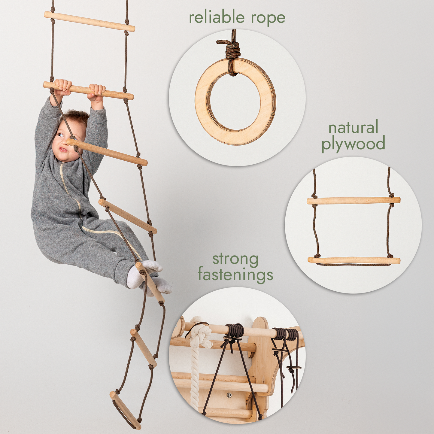 3-in-1 Swing Set: Disc Rope Swing + Gymnastic Rings + Rope Ladder