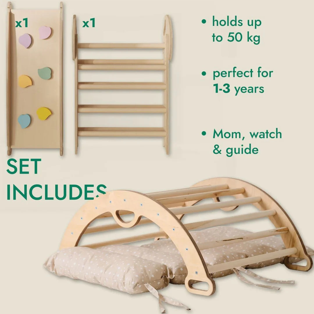 4-in-1 Montessori Climbing Frame: Pikler Triangle, Arch, Slide & Cushion for Toddlers (1–3 Years)