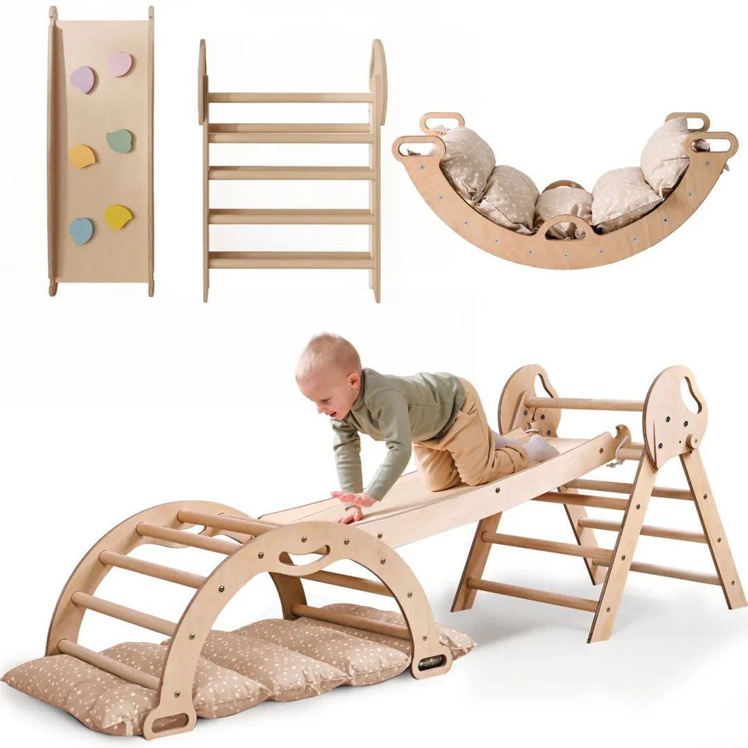 4-in-1 Montessori Climbing Frame: Pikler Triangle, Arch, Slide & Cushion for Toddlers (1–3 Years)