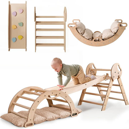 4-in-1 Montessori Climbing Frame: Pikler Triangle, Arch, Slide & Cushion for Toddlers (1–3 Years)
