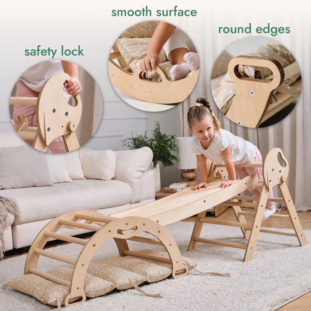 4-in-1 Montessori Climbing Frame: Pikler Triangle, Arch, Slide & Cushion for Toddlers (1–3 Years)