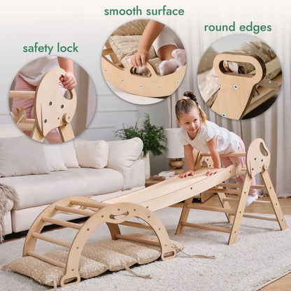 4-in-1 Montessori Climbing Frame: Pikler Triangle, Arch, Slide & Cushion for Toddlers (1–3 Years)
